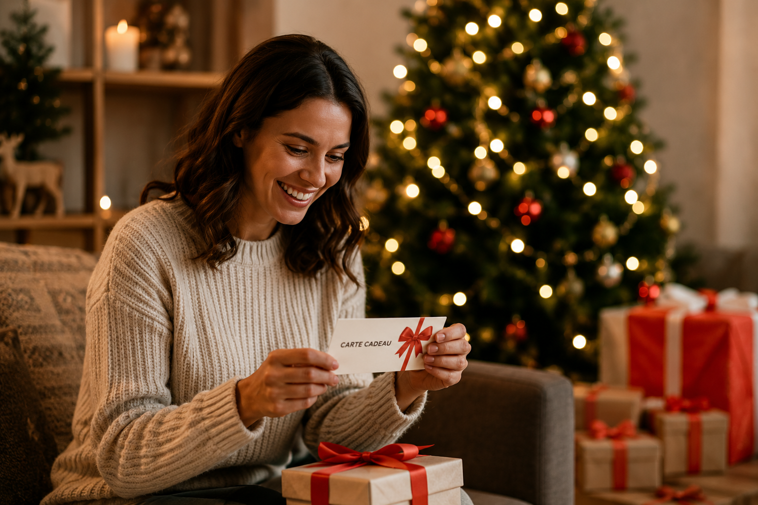 Chèque cadeau Noël CSE : salarié découvrant sa dotation de Noël