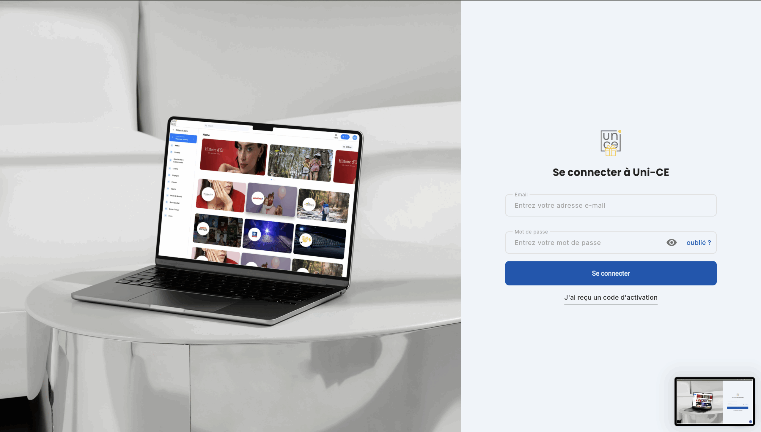 Écran de connexion de la plateforme Uni-CE