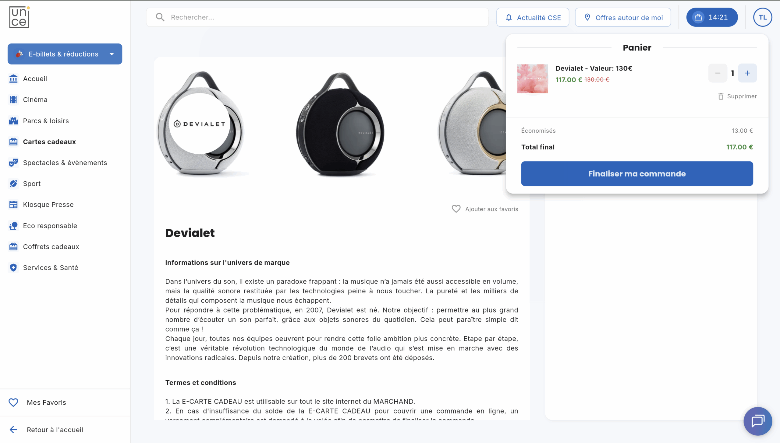 Panier Uni-CE avec montant remisé et total final