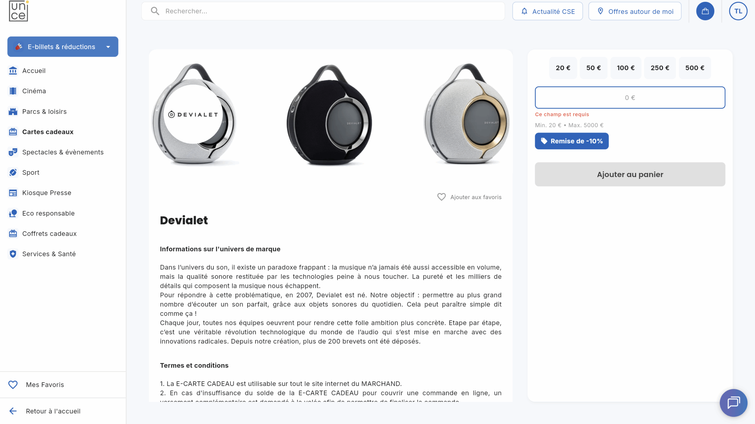 Fiche produit Devialet avec sélecteur de montant, remise de 10%