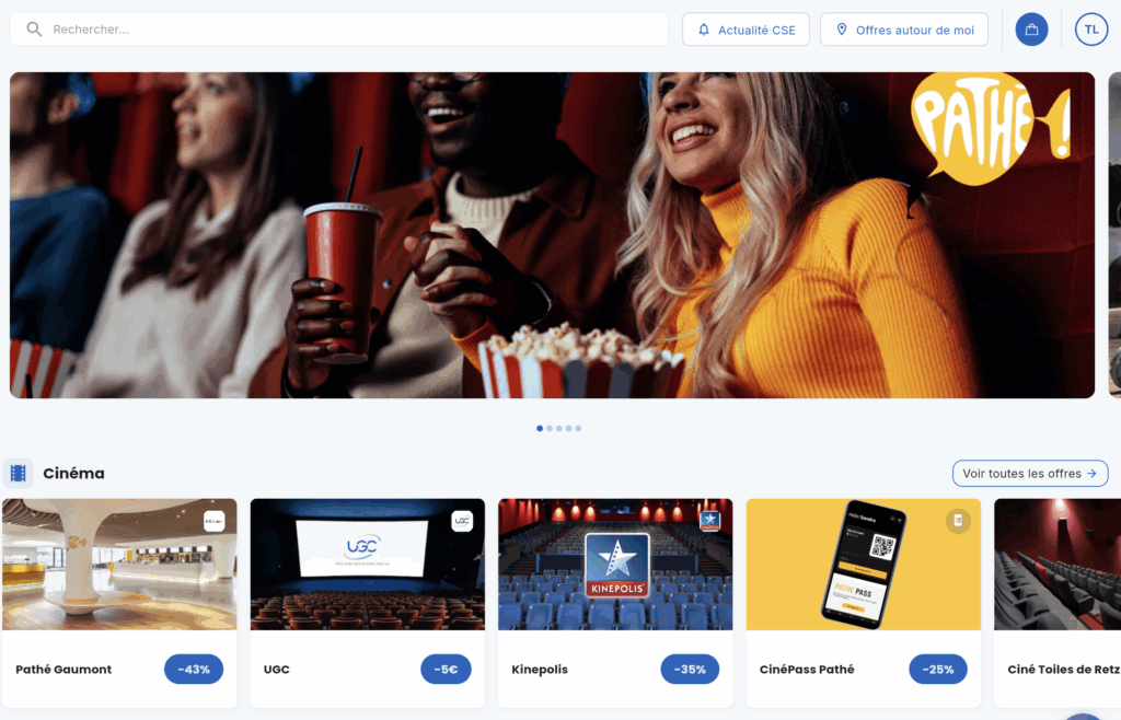 Capture d'écran de l'espace salarié Uni-CE : catalogue billetterie CSE cinéma