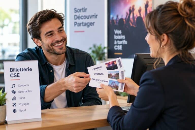 Un salarié reçoit des billets de concert, festival et parc d'attractions à un guichet de billetterie CSE