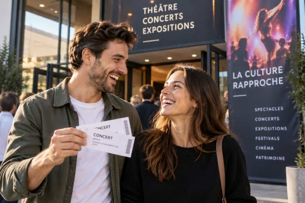 Un couple de salariés tient des billets de concert devant une salle de spectacle