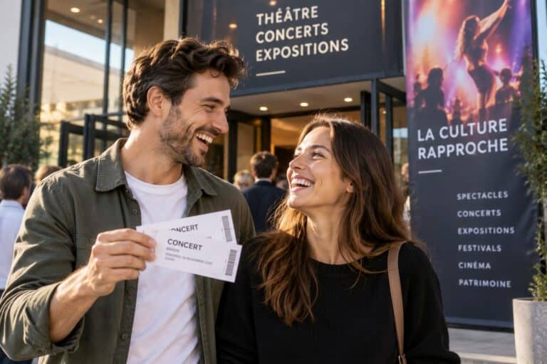 Un couple de salariés tient des billets de concert devant une salle de spectacle