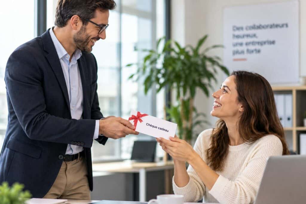 Un manager remet un chèque cadeau CSE à une salariée dans un bureau