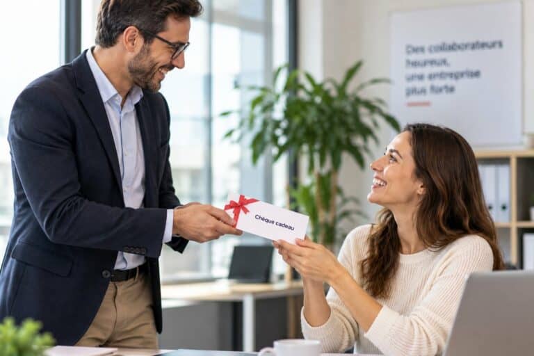 Un manager remet un chèque cadeau CSE à une salariée dans un bureau