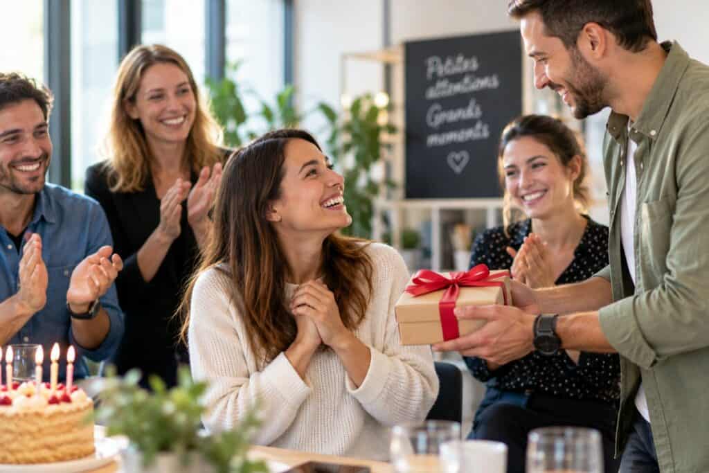 Des collègues applaudissent une salariée qui reçoit un cadeau au bureau