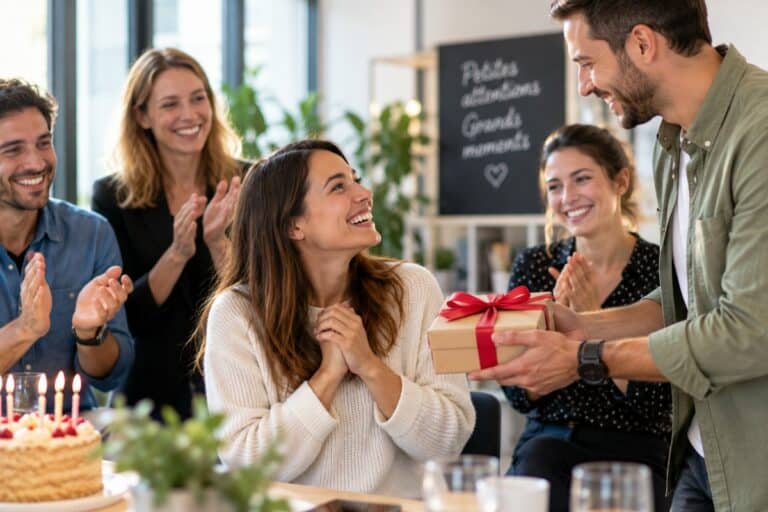 Des collègues applaudissent une salariée qui reçoit un cadeau au bureau