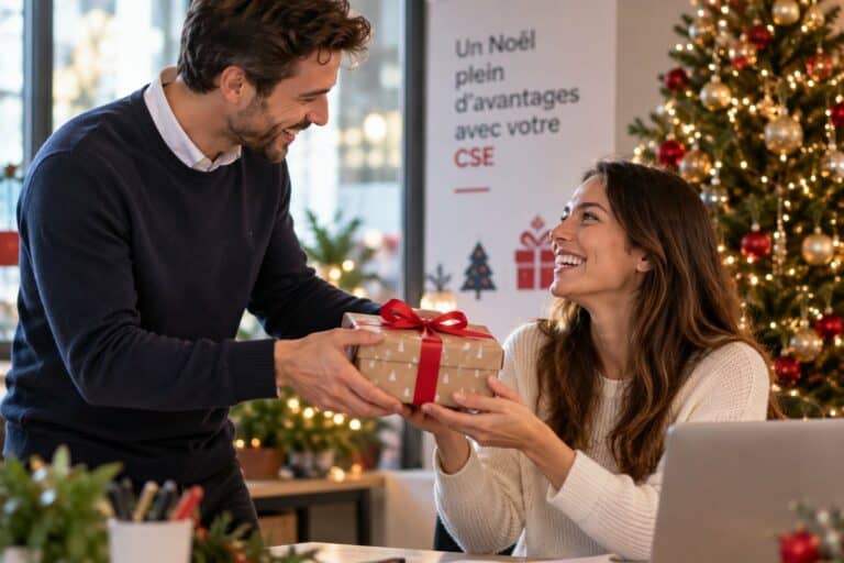 Un collègue remet un cadeau de Noël à une salariée devant un sapin au bureau