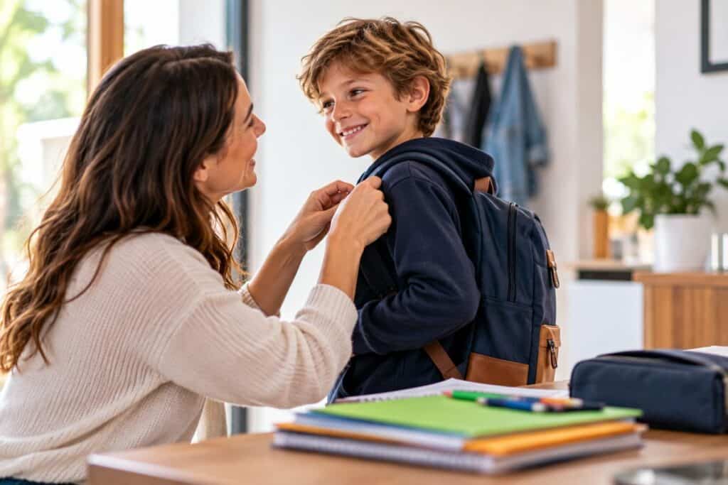 Une mère ajuste le cartable de son fils avant la rentrée scolaire