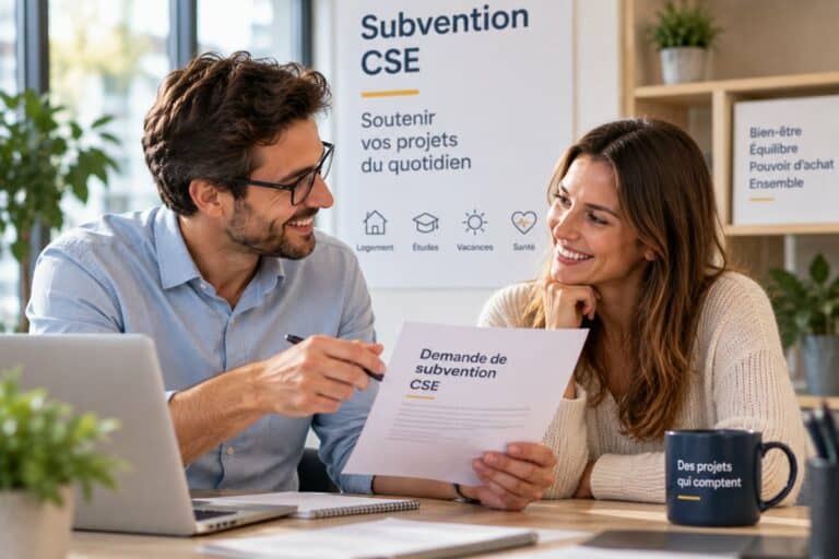 Deux salariés examinent un formulaire de demande de subvention CSE au bureau