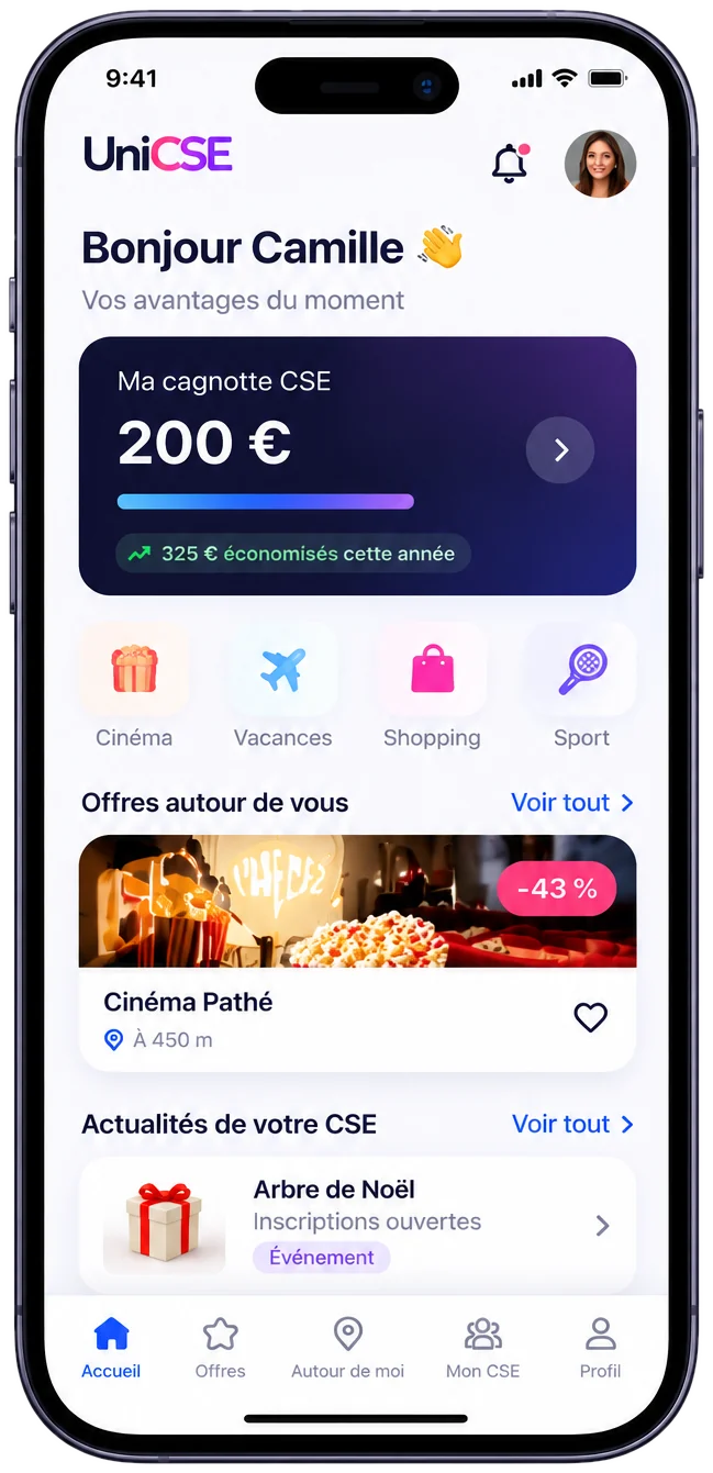 Accueil de l'application Uni-CE : cagnotte, économies et offres du salarié