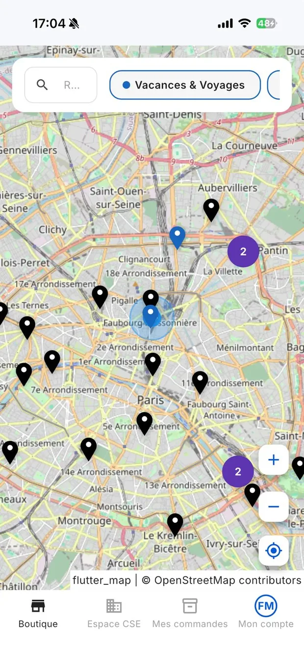 La carte des offres autour de moi dans l'application Uni-CE